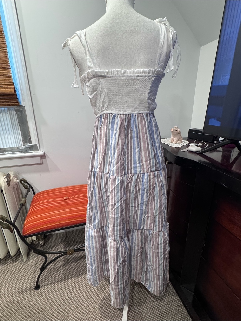 White Ruched Bodice Tiered Striped Maxi Dress - Picture 3 of 7